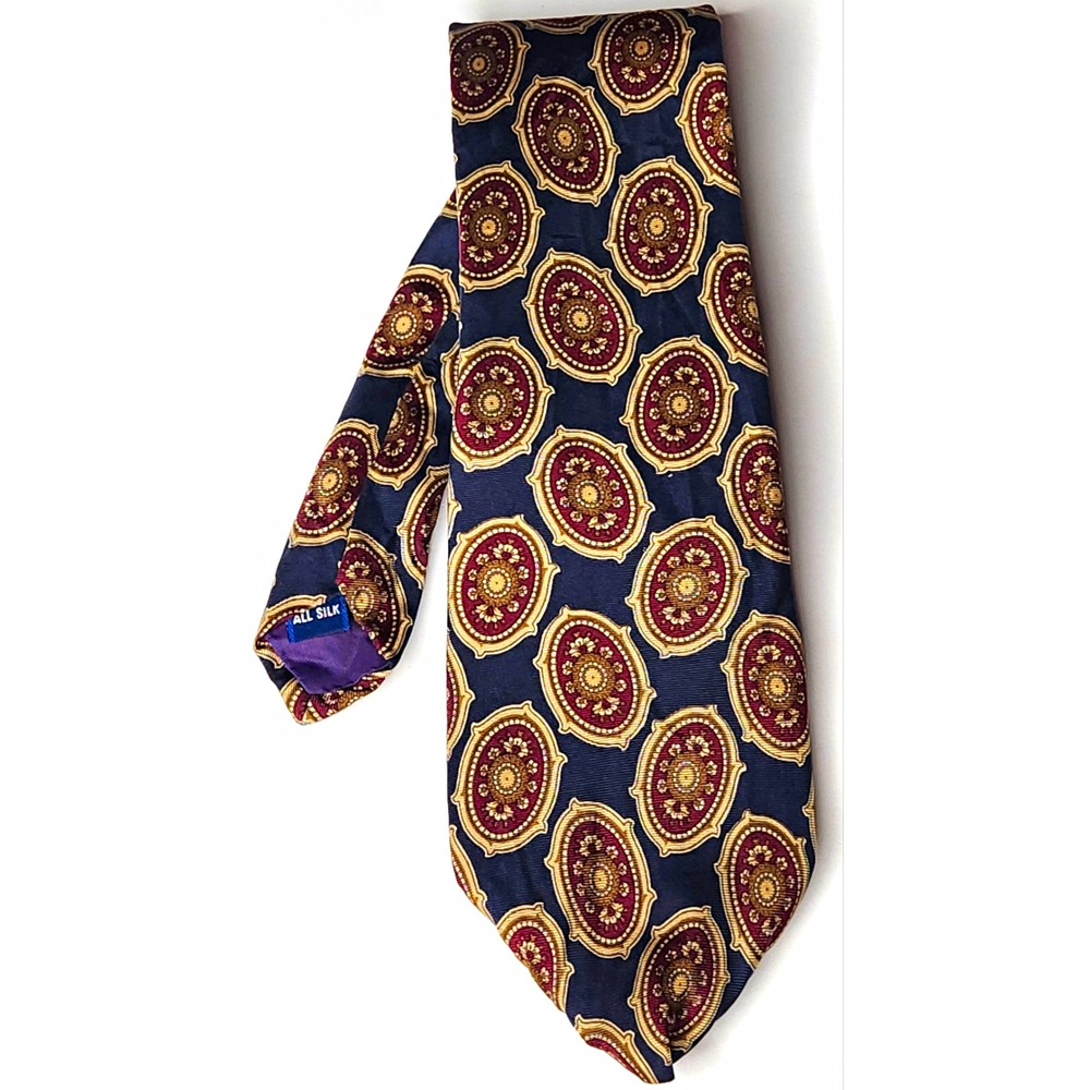 Stafford 100% Silk Men's Tie Navy Burgundy Gold Medallion Woven Pointed - 60"